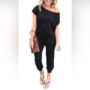 Loose Solid Off Shoulder Elastic Waist Stretchy Long Romper Jumpsuit - Medium